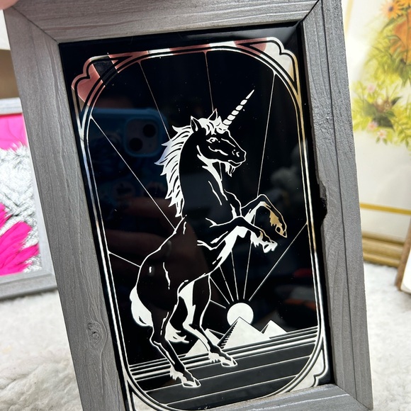 Painted glass vtg Lee Sales 1987 Unicorn black glitter silver 6" x 9" - Picture 2 of 10
